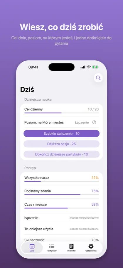 Wiesz, co dziś zrobić Cel dnia, poziom, na którym jesteś, i jedno dotknięcie do pytania